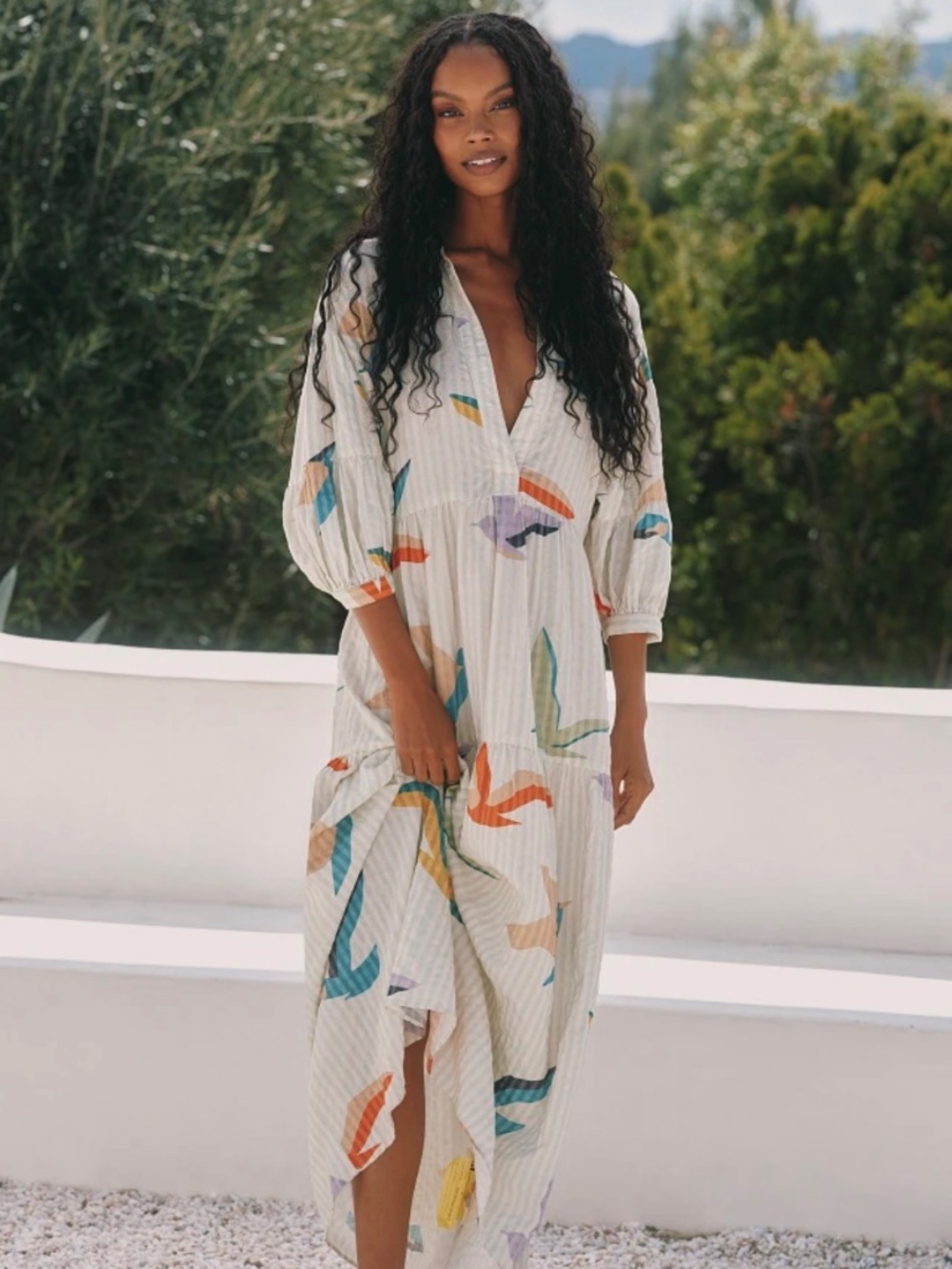 Anthropologie Cream Maxi Dress with Multicolor Abstract Print